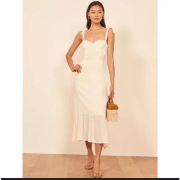 Reformation Adler Ivory Midi Dress Size 0 Smocked Back Ruffle Hem Cottagecore - Picture 2 of 14